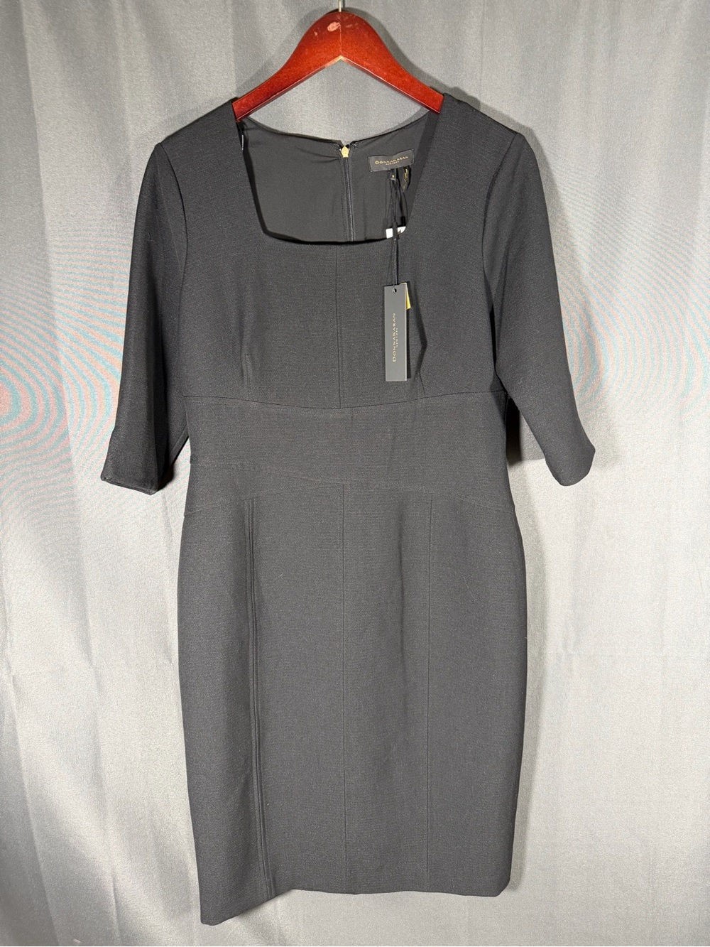 Donna Karan black sheath dress square neck elbow sleeve Size 10